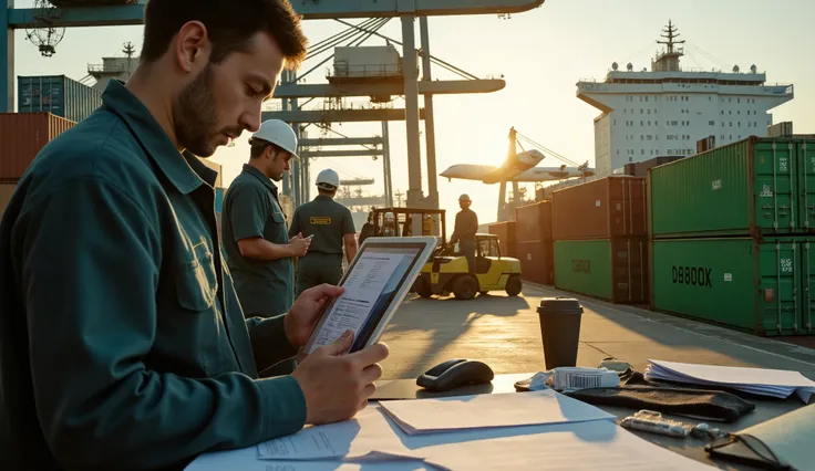 A cinematic ultra-realistic high-resolution photo capturing a bustling international port at golden hour, where logistics operations and customs inspections unfold in perfect coordination. In the foreground, a focused customs agent in his early 30s, wearin...
