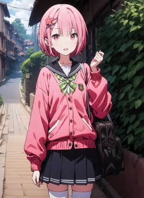 score_9, score_8_up, score_7_up, source_anime,Ram, hair flower, hair ornament close to the garden, hair covering one eye, pink hair, Red Eyes,  short hair, x hair ornament close to the garden,smile,,open your mouth,Black sailor suit,  red cardigan , long s...