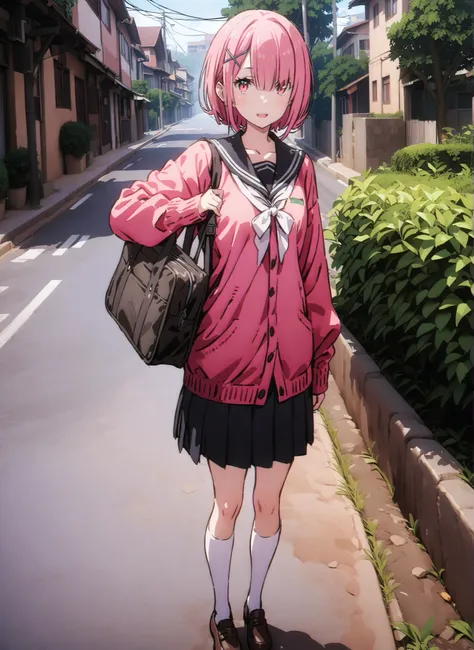score_9, score_8_up, score_7_up, source_anime,Ram, hair flower, hair ornament close to the garden, hair covering one eye, pink hair, Red Eyes,  short hair, x hair ornament close to the garden,smile,,open your mouth,Black sailor suit,  red cardigan , long s...