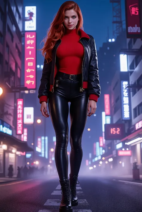 high quality 8k , ultra detail . present day 2024 . night city . road . standing Triss Meregold . long red hair . wearing red turtleneck . black leather jacket . black leather pants , high boots .