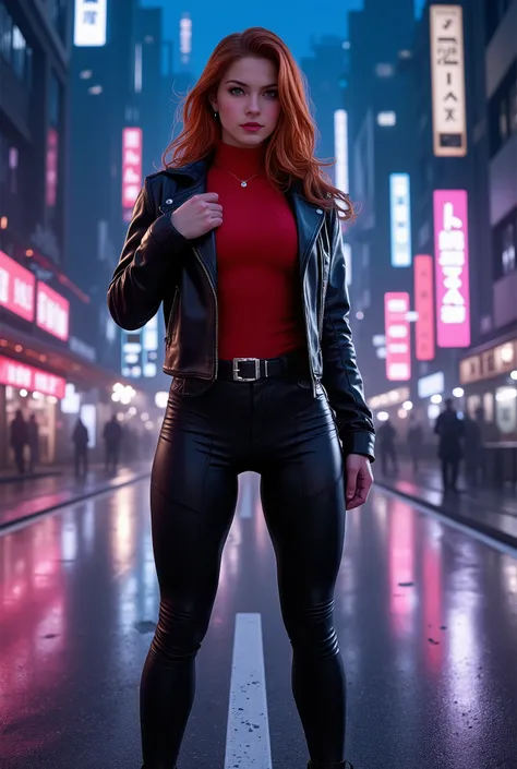high quality 8k , ultra detail . present day 2024 . night city . road . standing Triss Meregold . long red hair . wearing red turtleneck . black leather jacket . black leather pants , high boots .