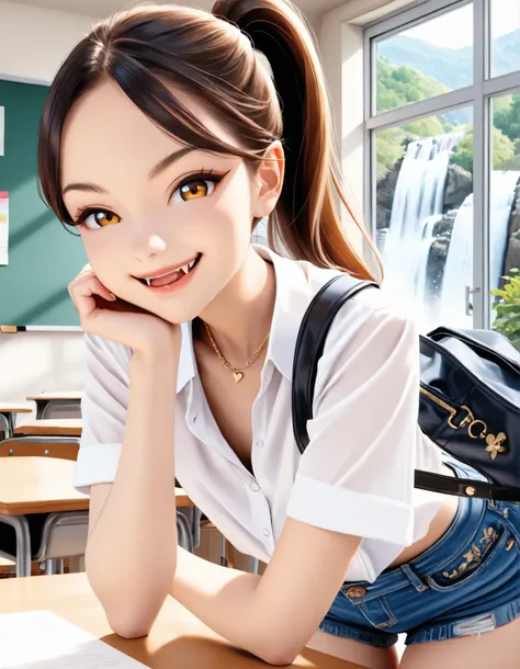 rinwell 1girl, solo, feminine, cute, pretty, half european, half asian, walking forward, model pose, close-up of nose, flirting pose, fashion, luxury, luxurious, wealthy, clean, (young), beautiful, short, petite, thin, sexy schoolgirl outfit, centered on n...