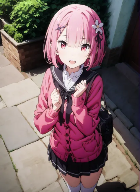 score_9, score_8_up, score_7_up, source_anime,Ram, hair flower, hair ornament close to the garden, hair covering one eye, pink hair, Red Eyes,  short hair, x hair ornament close to the garden,smile,,open your mouth,Black sailor suit,  red cardigan , long s...