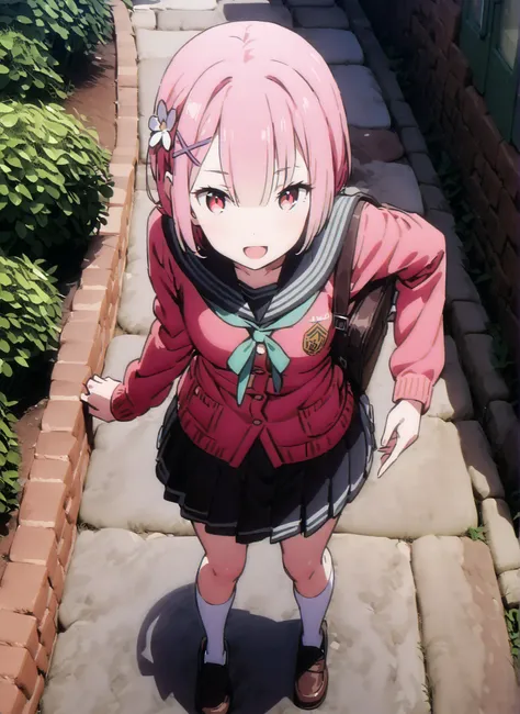 score_9, score_8_up, score_7_up, source_anime,Ram, hair flower, hair ornament close to the garden, hair covering one eye, pink hair, Red Eyes,  short hair, x hair ornament close to the garden,smile,,open your mouth,Black sailor suit,  red cardigan , long s...