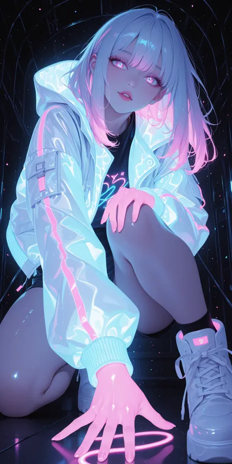 Girl, light jacket, neon color, glossy, glow, shine, She poses playfully on one knee, reaching out with one hand , more detail, intricate, view from below