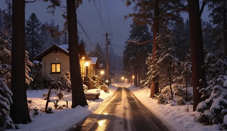 cross scene, with high contrast neutral dark night highlighting warm winter scenes with autumn tones. A quiet snowy pine forest surrounded by snow-covered pine trees and many houses sparkling with night lights emitting warm light. Earthy tones and cozy col...