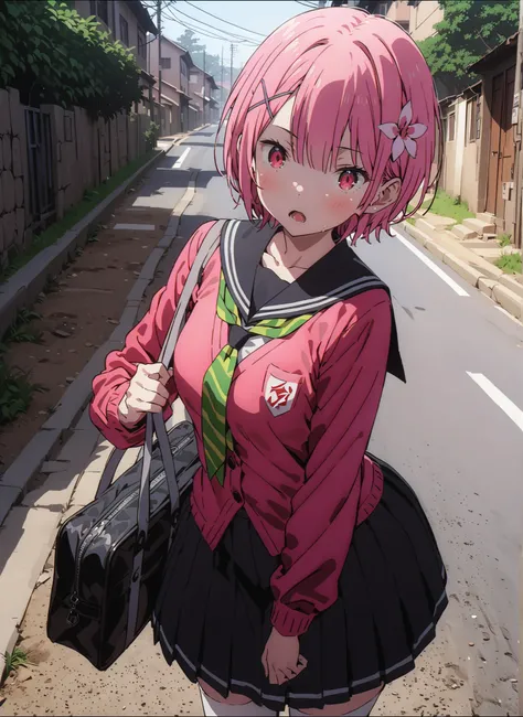 score_9, score_8_up, score_7_up, source_anime,  Ram, hair flower, hair ornament, face, pink hair, Red Eyes, short hair, x hair ornament,笑face,,open your mouth,Black sailor suit,  red cardigan , long sleeve, Black Mini Pleated Skirt ,white thigh high socks,...
