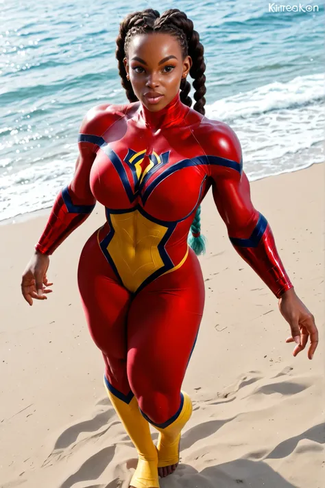 Kimberly Jackson from Street fighter 6, African, African girl, curvy hips, under clothes, brown hair, long hair, sexy body, huge ass,  Body, girl, full view, Black african african girl, Long braided hair, african girl, young girl, soft body girl, beach bac...
