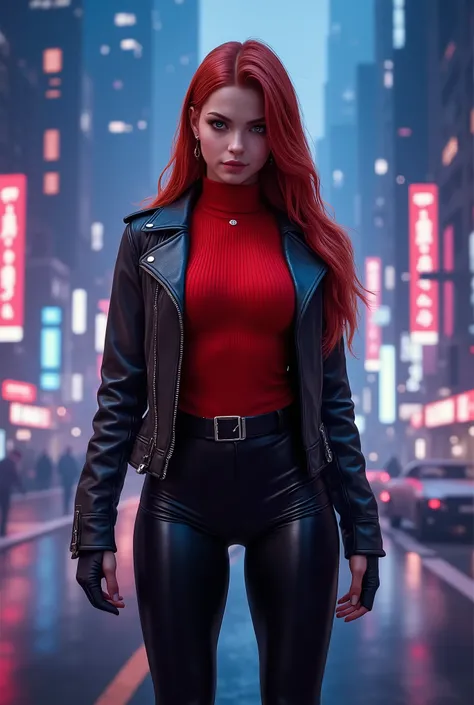 high quality 8k , ultra detail . present day 2024 . night city . road . standing Triss Meregold . long red hair . wearing red turtleneck . black leather jacket . black leather pants , high boots .