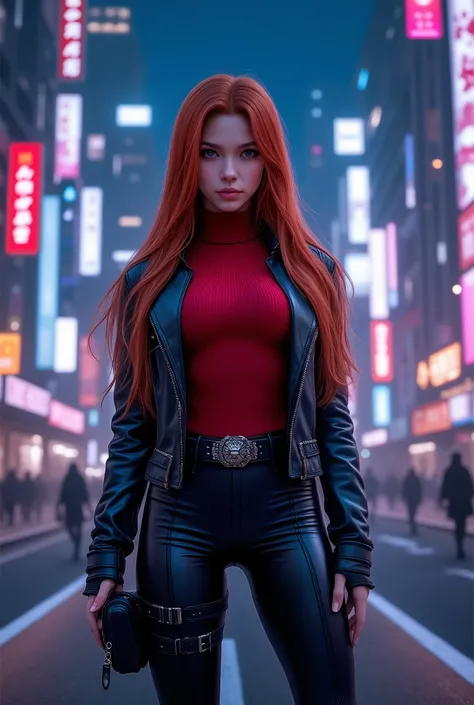 high quality 8k , ultra detail . present day 2024 . night city . road . standing Triss Meregold . long red hair . wearing red turtleneck . black leather jacket . black leather pants , high boots .