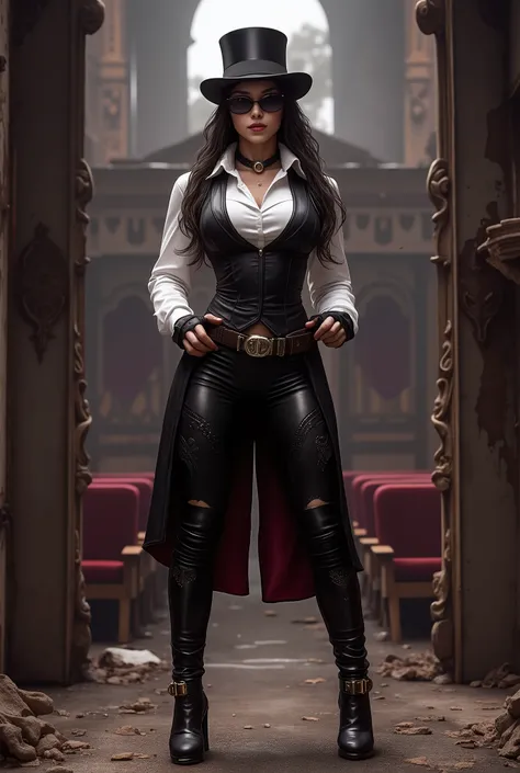 Full figure beautiful sexy sensual bombshell superheroine Zatanna, black long straight hair, black eyes, big breasts, wide, athletic shoulders, slim waist, long shapely legs, detailed hands, perfect eyes, black leather top hat on her head, black leather ve...