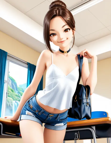 rinwell 1girl, solo, feminine, cute, pretty, half european, half asian, walking forward, model pose, close-up of nose, flirting pose, fashion, luxury, luxurious, wealthy, clean, (young), beautiful, short, petite, thin, sexy schoolgirl outfit, centered on n...