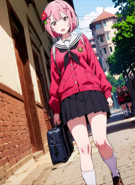 score_9, score_8_up, score_7_up, source_anime,  Ram, hair flower, hair ornament, face, pink hair, Red Eyes, short hair, x hair ornament,Black sailor suit,  red cardigan , long sleeve, 黒のミニプリーツskirt for ears ,white thigh high socks,loafers,school bag,standi...