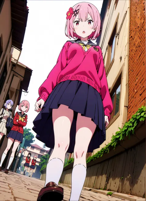 score_9, score_8_up, score_7_up, source_anime,  Ram, hair flower, hair ornament, face, pink hair, Red Eyes, short hair, x hair ornament,Black sailor suit,  red cardigan , long sleeve, 黒のミニプリーツskirt for ears ,white thigh high socks,loafers,school bag,standi...