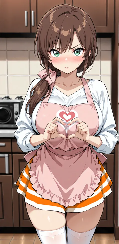 masterpiece,high resolution,Highest Quality,8k，((best quality)), (masterpiece)), (details: 1.4), high resolution, (masterpiece: 1.4), 超details, 1 beautiful girl,green eyes,brown hair,low ponytail,white long sleeve shirt,pink apron to make a heart with your...