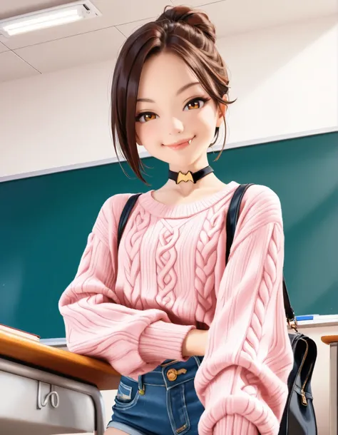rinwell 1girl, solo, feminine, cute, pretty, half european, half asian, walking forward, model pose, close-up of nose, flirting pose, fashion, luxury, luxurious, wealthy, clean, (young), beautiful, short, petite, thin, sexy pink sweater schoolgirl outfit, ...