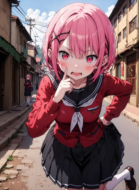 score_9, score_8_up, score_7_up, source_anime,  Ram, hair flower, hair ornament, face,pink hair that hides one eye with hair, Red Eyes, short hair, x hair ornament,Black sailor suit,  red cardigan , long sleeve, 黒のミニプリーツskirt for ears ,white thigh high soc...
