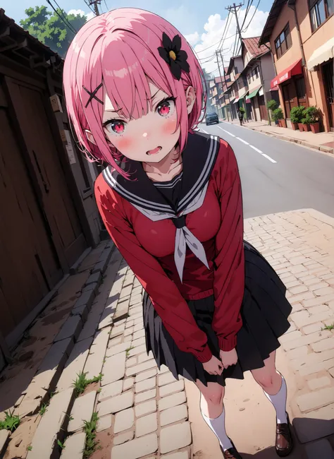 score_9, score_8_up, score_7_up, source_anime,  Ram, hair flower, hair ornament, face,pink hair that hides one eye with hair, Red Eyes, short hair, x hair ornament,Black sailor suit,  red cardigan , long sleeve, 黒のミニプリーツskirt for ears ,white thigh high soc...