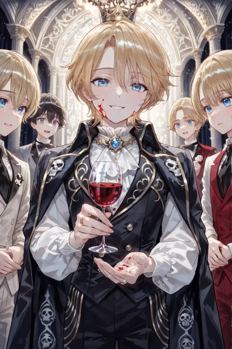 Professional grade ,exquisite presentation,comic illustration style, Fantasy Style ,The young boy in black and white Goethe-style male costume, Young boy character,Beautiful and delicate young boy Prince, flat chest, Long Blonde Hair , blue eyes,holding a...
