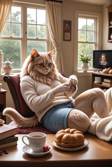 A fluffy Persian cat lounges in a sunlit cottage kitchen, her silky fur blending with a cream cashmere sweater & blue short jeans, sleeves rolled up as she stirs a pot of lavender tea. Polished claws tap a marble countertop cluttered with vintage cookbooks...