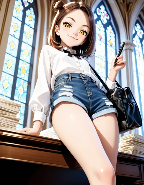 rinwell 1girl, solo, feminine, cute, pretty, half european, half asian, walking forward, holding stack of papers and pen, close-up of nose, flirting pose, fashion, luxury, luxurious, wealthy, clean, (young), beautiful, short, petite, thin, casual schoolgir...