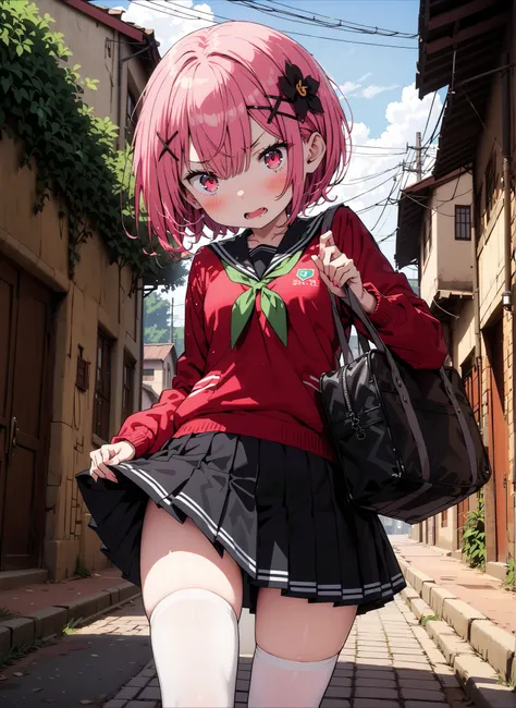 score_9, score_8_up, score_7_up, source_anime,  Ram, hair flower, hair ornament, face,pink hair that hides one eye with hair, Red Eyes, short hair, x hair ornament,Black sailor suit,  red cardigan , long sleeve, 黒のミニプリーツskirt for ears ,white thigh high soc...