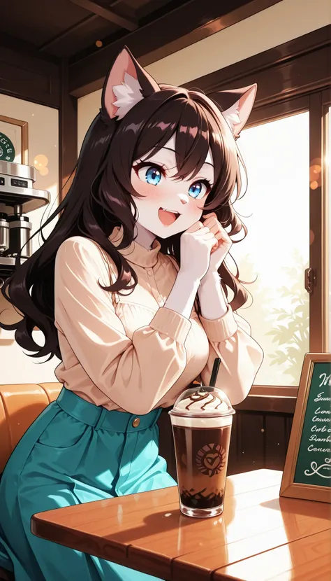fancy anime style cat girl,Furry,Enjoy iced coffee at a cafe,Black coffee in a clear glass,ice,delicious,fun,Delighted,colorful and cute fashion,Warm Lighting, cafe interior,Menu display,tables, espresso machine ,warm air,delicate texture, anime depiction ...