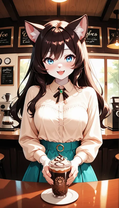 fancy anime style cat girl,Furry,Enjoy iced coffee at a cafe,Black coffee in a clear glass,ice,delicious,fun,Delighted,colorful and cute fashion,Warm Lighting, cafe interior,Menu display,tables, espresso machine ,warm air,delicate texture, anime depiction ...