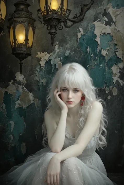 A stylized character with a striking sexy appearance. A close-up of the heroine is a young albino European woman with long wavy white hair, styled in a hairstyle with thick voluminous bangs, almost covering her eyes. She is wearing a loose semi-transparent...