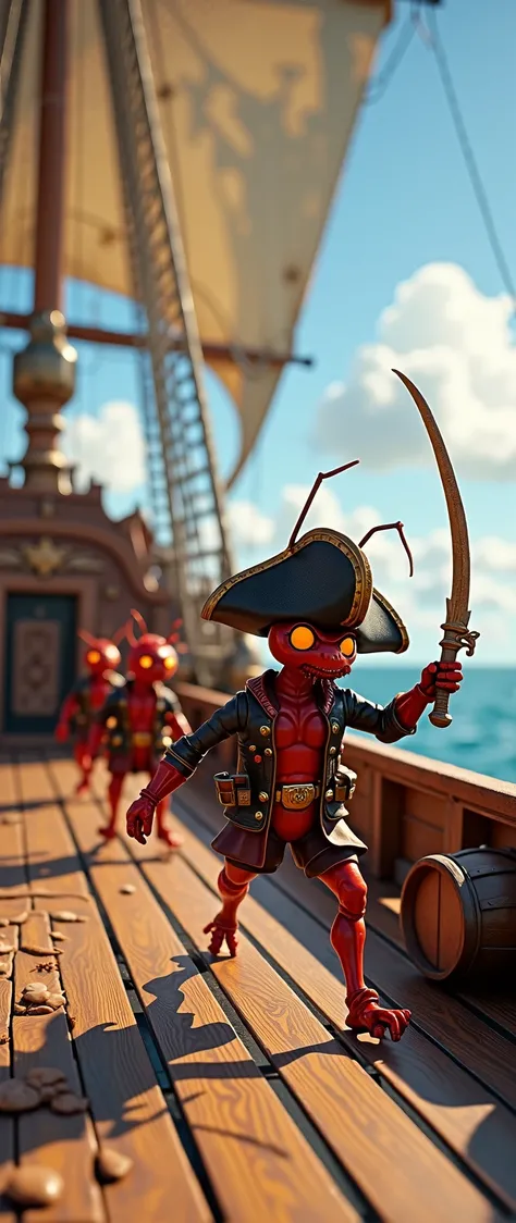 3d image of red ant pirates on a ship