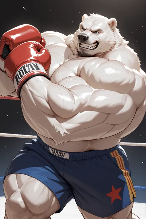 solo, massive muscular old polar bear, angry, smile, boxing, boxing gloves, fighting, punching, white fur, shirtless, very huge pectoral, shorts detailed face:1.3, eyes, wide shoulder, thick arms, wide pectoral, muscle, short hair:1.2, masterpiece, semire...