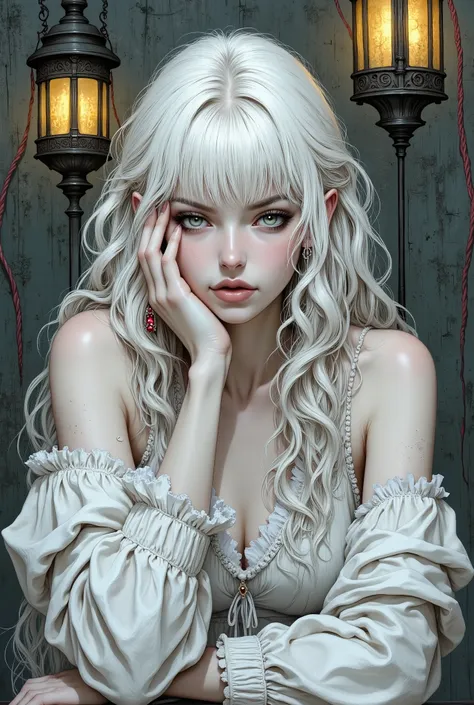 A stylized character with a striking sexy appearance. A close-up of the heroine is a young albino European woman with long wavy white hair, styled in a hairstyle with thick voluminous bangs, almost covering her eyes. She is wearing a loose semi-transparent...
