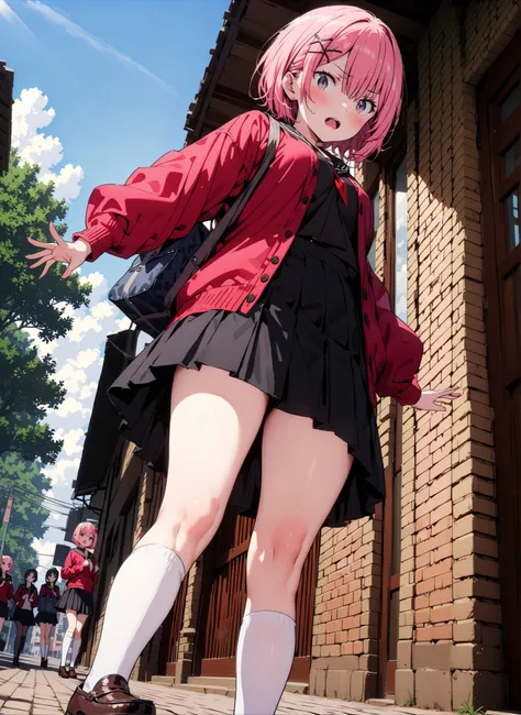 score_9, score_8_up, score_7_up, source_anime,  Ram, hair flower, hair ornament, face,pink hair that hides one eye with hair, Red Eyes, short hair, x hair ornament,Black sailor suit,  red cardigan , long sleeve, 黒のミニプリーツskirt for ears ,white thigh high soc...