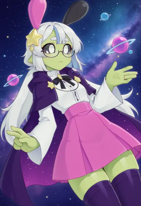 Dynamic angle, sploot,1girl,colored_sclera,white eyes,alien,antennae, space, nebula, Asteria-vkstickrs, silver hair, gradient eyes, lue streak, glasses, white blouse, black ribbon bow, pink skirt, deep purple cape adorned with golden star-shaped accessorie...