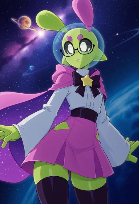 Dynamic angle, sploot,1girl,colored_sclera,white eyes,alien,antennae, space, nebula, Asteria-vkstickrs, lue streak, glasses, white blouse, black ribbon bow, pink skirt, deep purple cape adorned with golden star-shaped accessories, Floating around her are s...