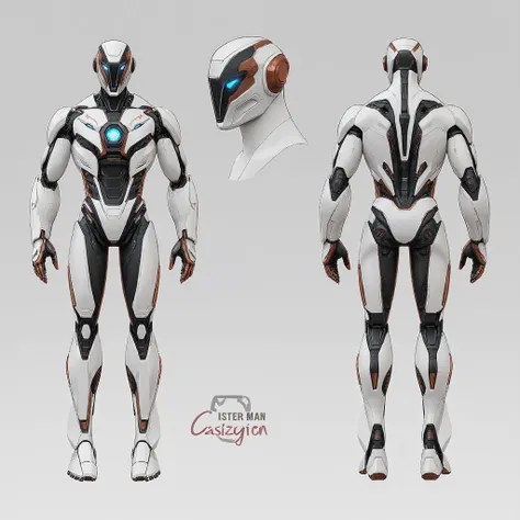 A futuristic, highly detailed, realistic sci-fi powered exosuit armor, made with sleek titanium-aluminum-carbon fiber material, armor colour is white, red and gold, featuring a glowing blue lotus-shaped arc reactor at the chest. The armor is slim, powerful...