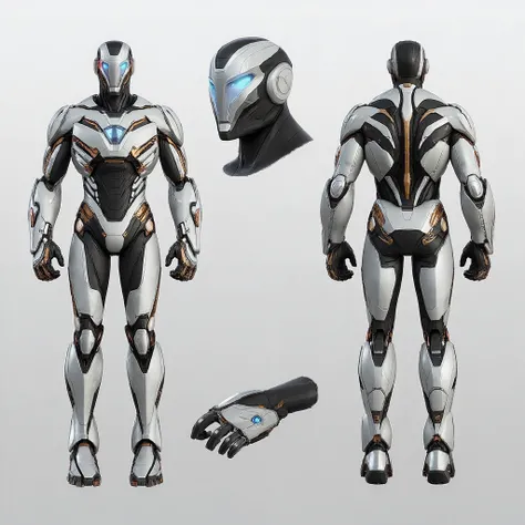 A futuristic, highly detailed, realistic sci-fi powered exosuit armor, made with sleek titanium-aluminum-carbon fiber material inspired from ironman, armor colour is white, red and gold, featuring a glowing blue lotus-shaped arc reactor at the chest. The a...