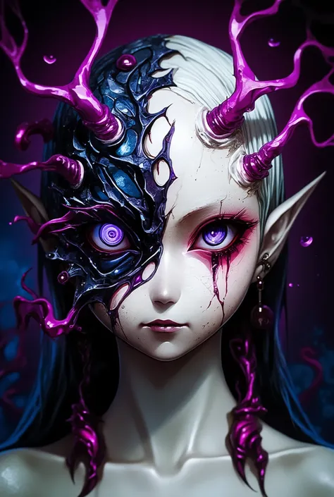美少女にMimicryしたエイリアン,右半身のMimicryが解ける,Exoplanetary Life,Slimy, tentacles,Mimicry,Muscle tissue,Asymmetric,Savage Face,Pretty Girl and Devil's Face,8K,ultra fine,Studio Light,extreme detail,Vivid Color,Bokeh,fantasy,SF, horror,anime,Masterpiece,super precise,p...