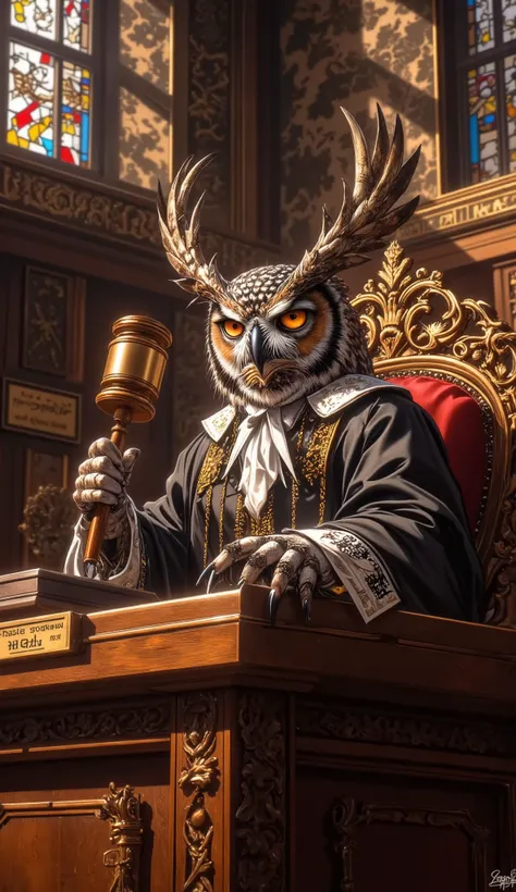 Owl Judge in a Courtroom
Vertical portrait of a wise-looking owl wearing a judge’s robe and glasses, banging a gavel in a grand courtroom.