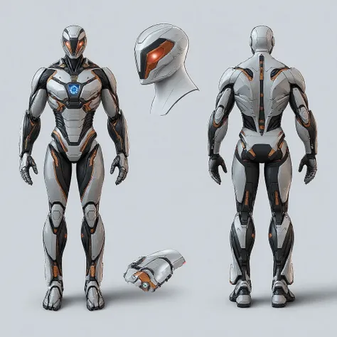 A futuristic, highly detailed, realistic sci-fi powered exosuit armor, made with sleek titanium-aluminum-carbon fiber material, armor colour is white, red and gold, featuring a glowing blue lotus-shaped arc reactor at the chest. The armor is slim, powerful...