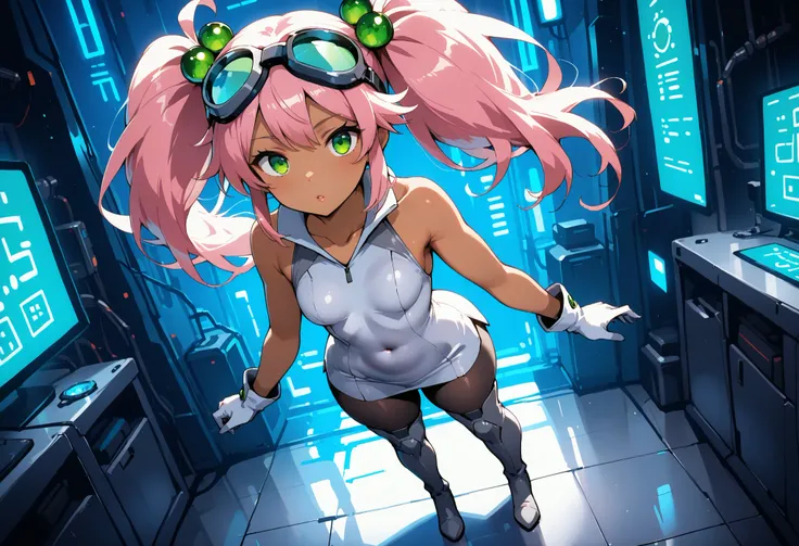 1girl, full body, Lovrina-inspired character, tan skin, vivid pink hair, very long pigtails, green eyes, looking at viewer, wearing a futuristic short dress (grey stomach, sleeveless), black pantyhose, grey thigh-high boots, white gloves, goggles on head, ...