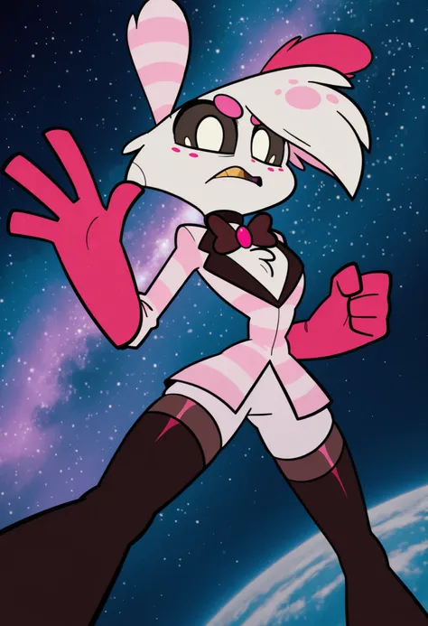 Dynamic angle, sploot,1girl,colored_sclera,white eyes,alien,antennae, space, nebula, angel dust, \(hazbin hotel\), anthro, male anthro, male anthro spider, freckles, pink body, light pink fur, light pink body, colored sclera, black sclera, white sclera, no...