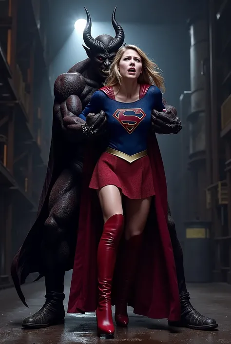 Melissa Benoist as Supergirl, (a very short skirt), she is nervous, arms behind her back, wearing a Supergirl costume, blue shirt and red short skirt, red high boots, she is sexual assaulted from behind by a huge devil, ((painful face)), (Supergirl is scre...