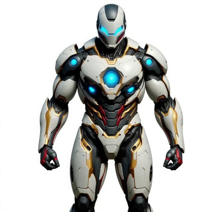 A futuristic, highly detailed, realistic sci-fi powered exosuit armor, made with sleek titanium-aluminum-carbon fiber material, armor colour is white, red and gold, featuring a glowing blue lotus-shaped arc reactor at the chest. The armor is slim, powerful...