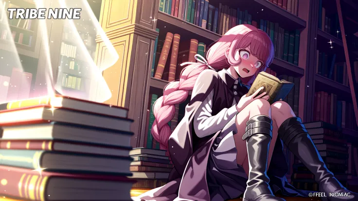 uncensored,,Nipples,Erotic,naked,nude,Nipple,Surprised Expression, with a hair ribbon long pink hair styled with curls,long pink braids,indoor library with bookshelves and piles of books, 服が破れてboobsとNipplesが見えている, knee-high black boots with buckles,服が破れてbo...