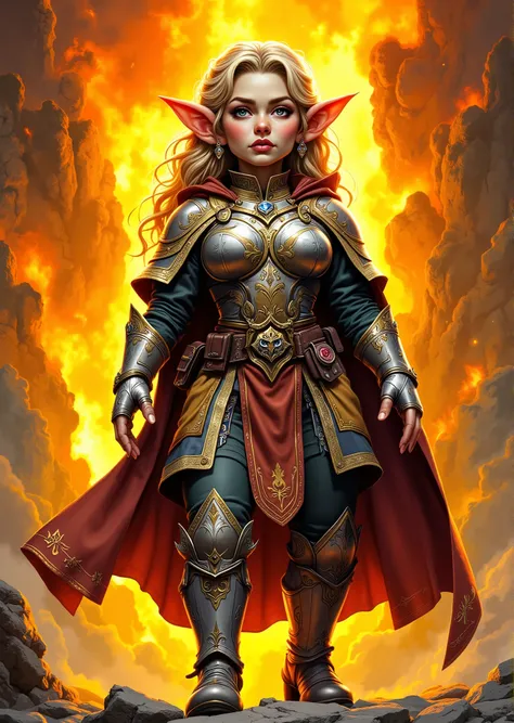 An extremely detailed comic book illustration of a stunningly beautiful extremely curvaceous Gnome from Dungeons and Dragons petite magical folk with big eyes and pointed ears created by gods of invention and illusion seldom seen by other folk due to the g...