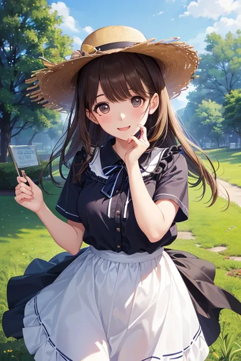 ((Highest Quality)), ((傑Highest Quality、masterpiece、high sensitivity、high image quality、 Detailed depiction of the entrance、delicate facial depiction))slender woman、 straw hats、T-shirt、 Lying on the Grass 、
.、 , ,
,,
、、、 、
,((( masterpiece,  Highest Quality,  high resolution, 超 high resolution,  Pixel Perfect ,  description boundary depth, 4K, RTTX10.0))),
、Anegasaki Nene, shiny brown hair, beautiful brown eyes, smiling face, sparkling pupils, (fine grain), , highly detailed face,, (masterpiece:1.2, best quality), ((only1 girl)), ((cowboyshot：1.5))