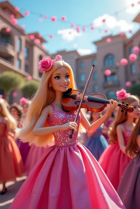 Create a vibrant scene featuring Barbies in a vibrant outdoor amphitheater in Barbie City. Highlight the Barbie City Philharmonic concert, showcasing Barbies playing various instruments, with a special emphasis on a Barbie performing with the violins in th...