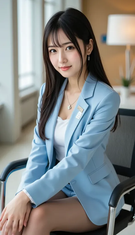 Highest Quality, (((full body shot))), (((Put your whole body on the screen))), (((From the top of her head to the tips of her feet ))), Sleek long black hair , Professional Office Lady with Long Dark Hair, is sitting in a chair with her legs crossed, The...