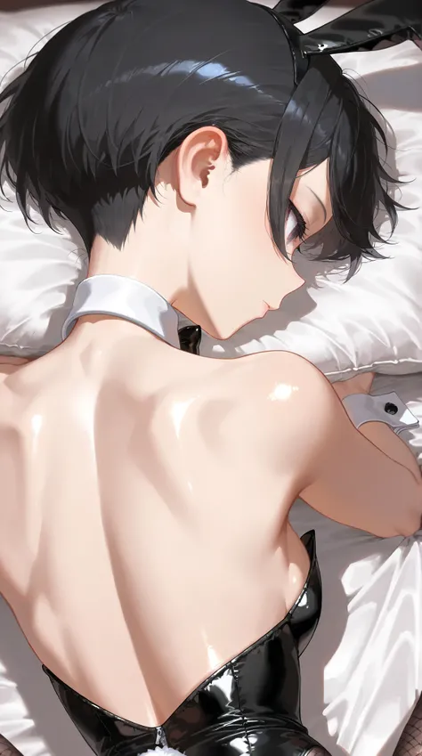 high resolution picture, masterpiece, best quality, amazing quality,expressionless,shiny skin, bedroom、 girl{ black hair、 short hair(long pile 、 long nape)、 Sendance 、 small 、 、 bunny suit、}、